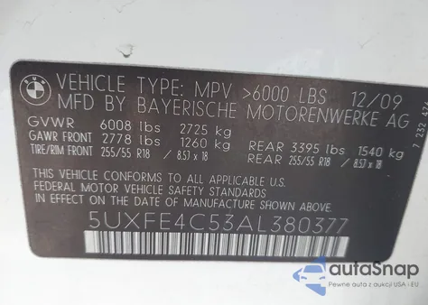 2010 BMW X5 xDrive30I z USA, uszkodzony, nr VIN 5UXFE4C53AL380377